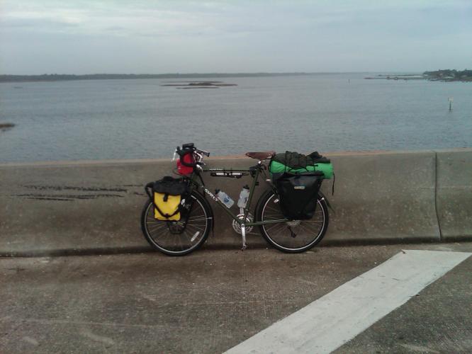 My bike fully loaded on the first bridge we crossed.